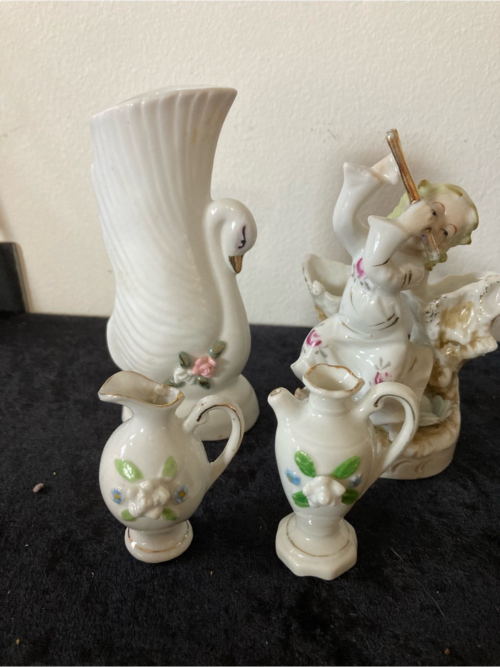 Vintage Japan Vase White Porcelain Swan, Angel & Mini Pitcher Lot Floral Accents